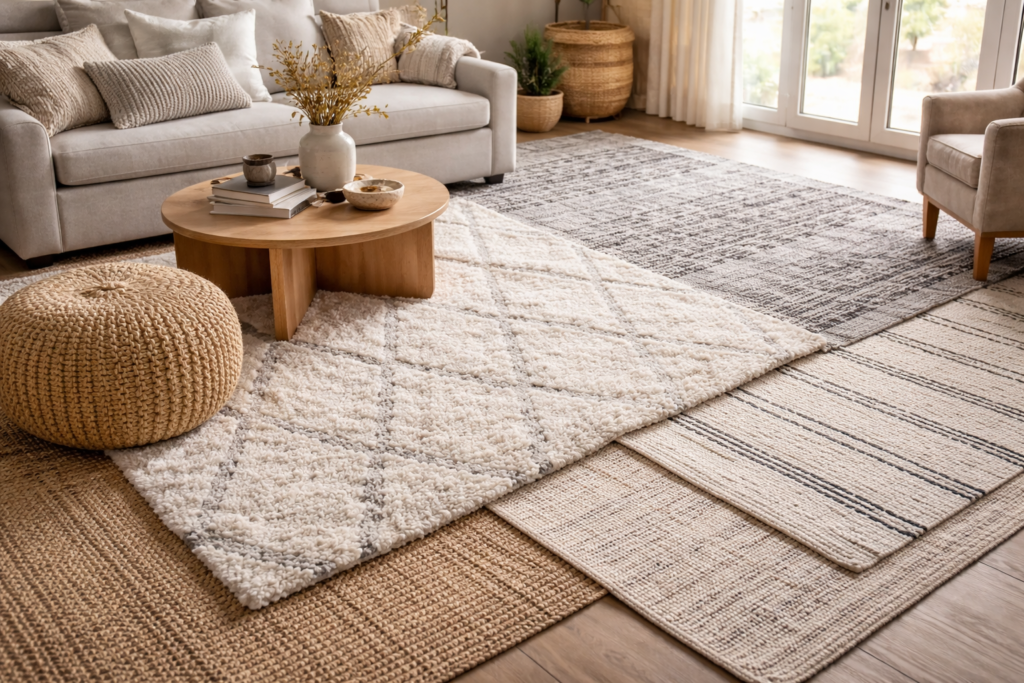 Neutral living room featuring layered rugs in different materials, including wool, jute, and flatweave styles, showcasing how to choose the best rug material for your home