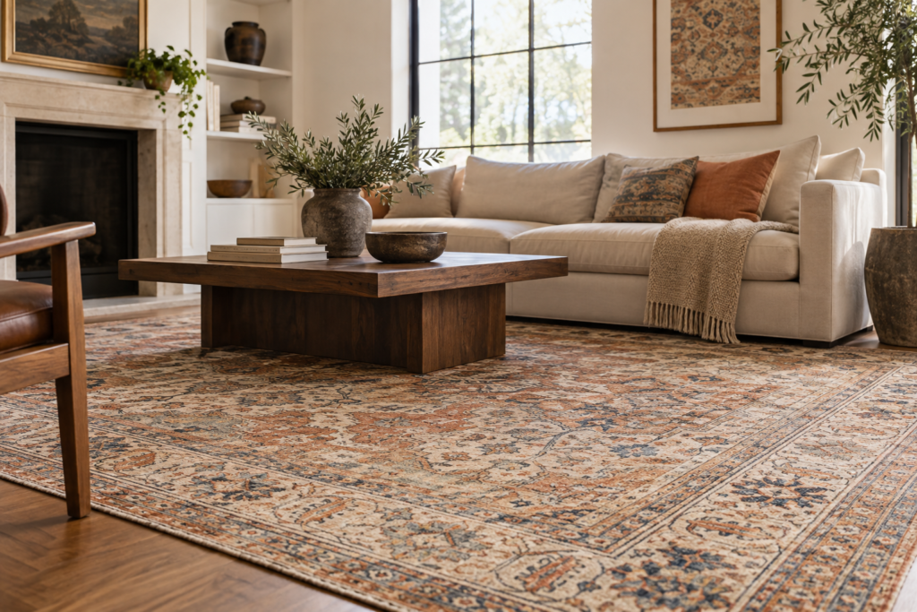 Handmade vintage-style area rug in a warm, elegant living room with neutral furniture and natural wood accents.