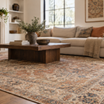 Handmade vintage-style area rug in a warm, elegant living room with neutral furniture and natural wood accents.