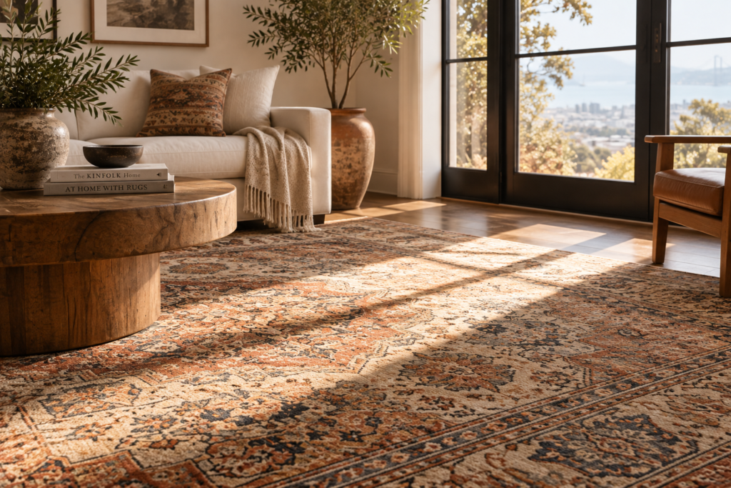 Handmade area rug exposed to direct sunlight in an elegant living room, illustrating how UV exposure can cause rug fading over time.