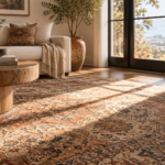 Handmade area rug exposed to direct sunlight in an elegant living room, illustrating how UV exposure can cause rug fading over time.